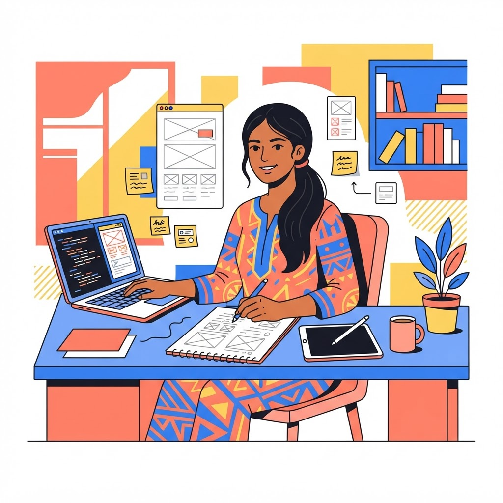Illustration of Suzan Mansuri designing and building digital products